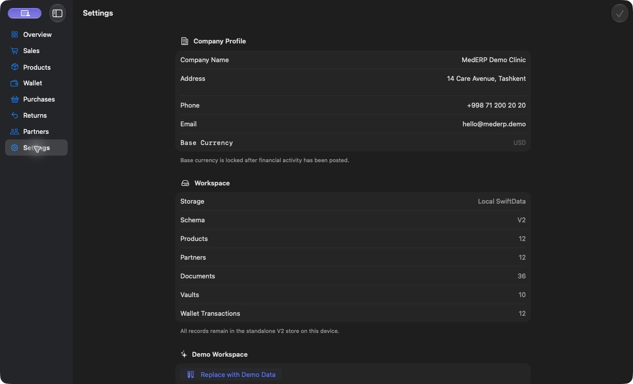 MedERP settings showing a fictional demo workspace and record counts